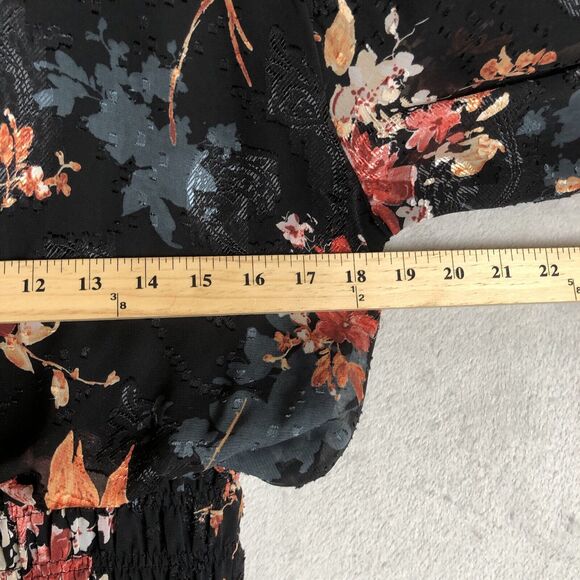 BISHOP + YOUNG Maxi Dress Sz M Floral Chiffon Smocked Waist Cuffs Lined Tie Neck - Picture 11 of 16